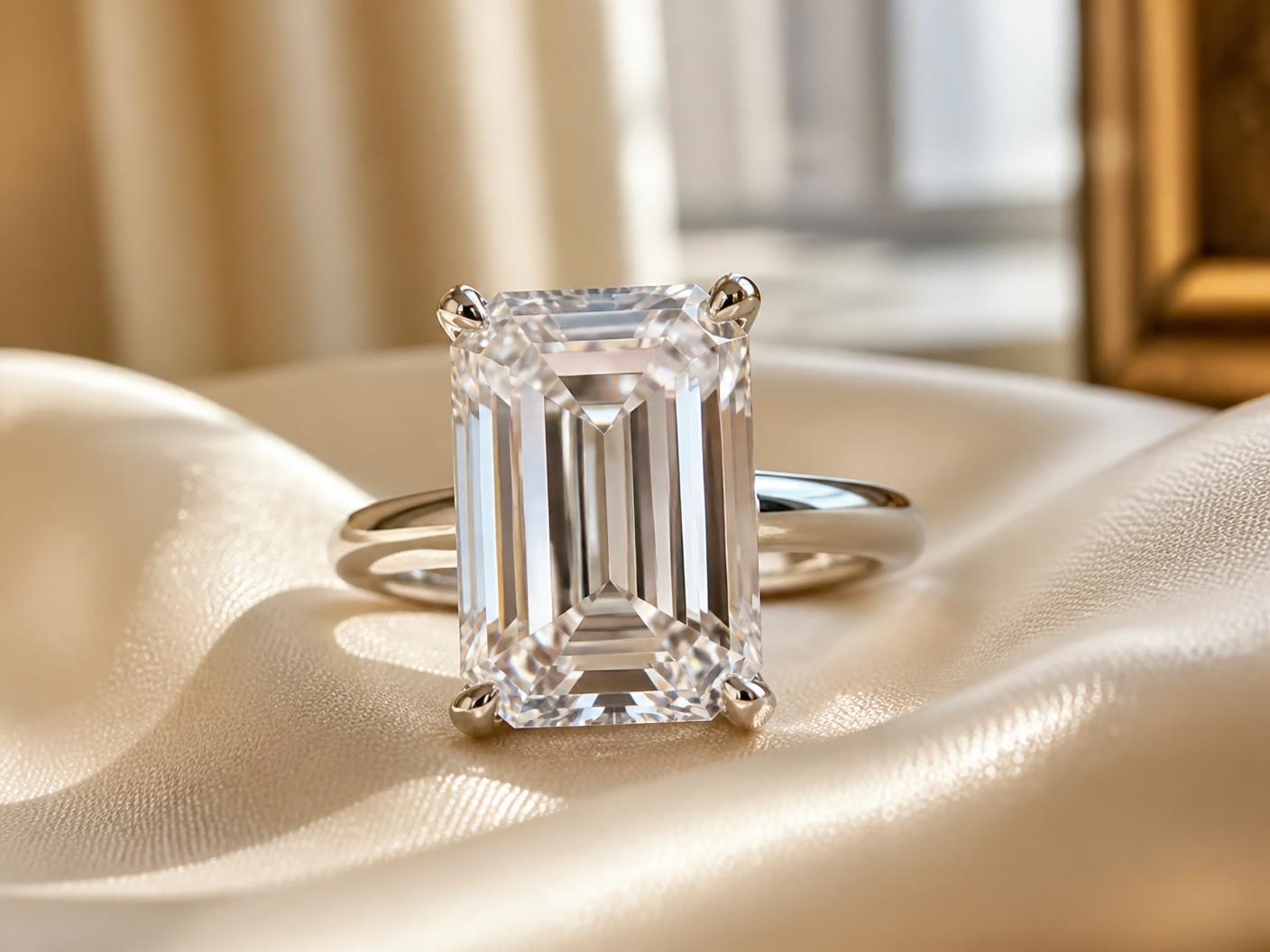 Large emerald-cut diamond engagement ring on a platinum band
