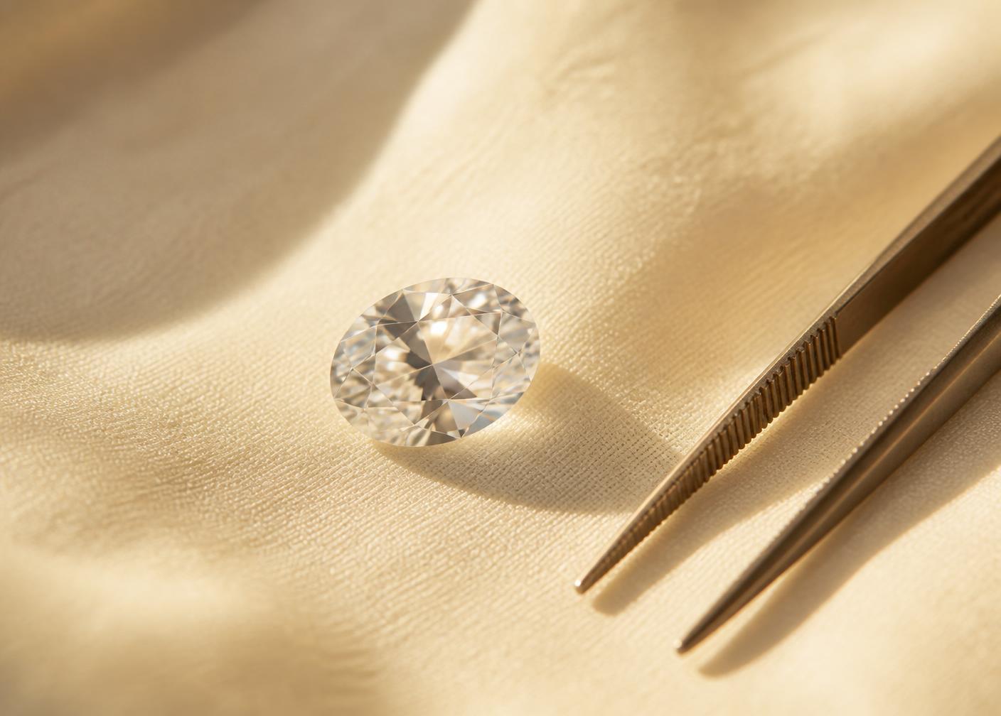 Loose oval lab-grown diamond with jeweller's tweezers on ivory linen